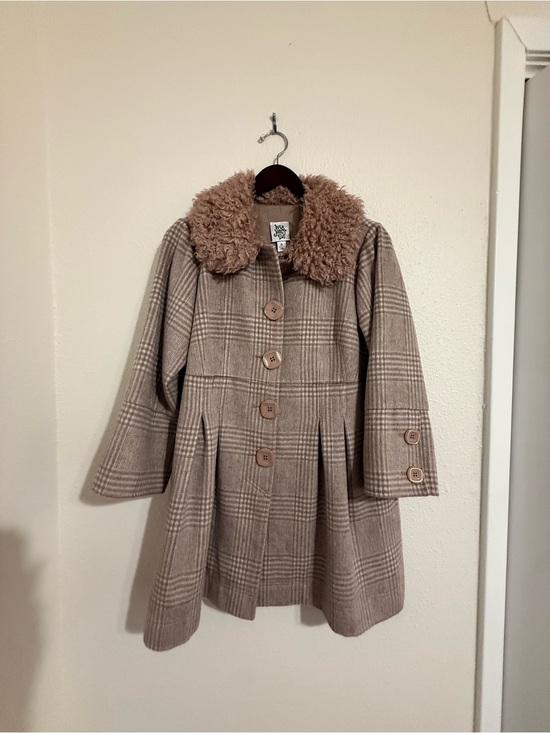 ivy jane Jackets & Blazers - ivy jane Beige Plaid Pea Coat with Faux Fur Collar